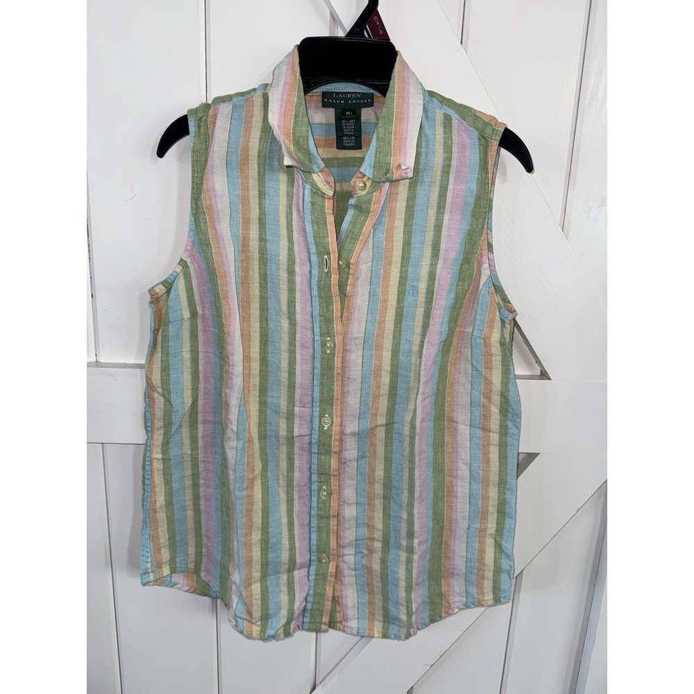 Lauren Ralph‎ Lauren Women's 100% Linen Button Up Tank Top Pastels Size M Medium